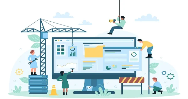 Website under construction, tiny people build, update structure of site, create content stock illustration...